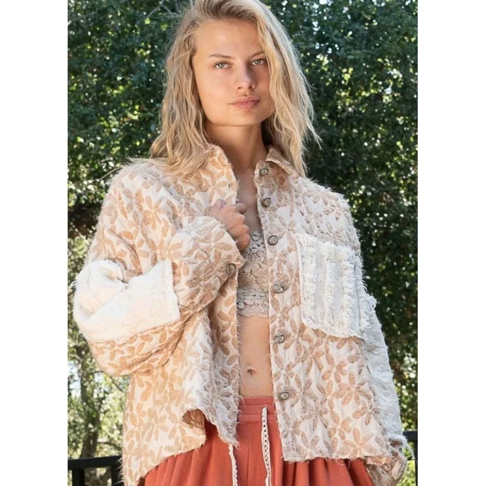 Bad‎ Little Country Girl Floral Pattern Jacquard Shacket Lace Detail Large